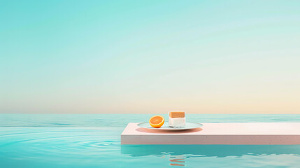 Serene image of coffee cup and orange halves on floating tray in pool under clear sky, perfect for relaxation and summer theme.