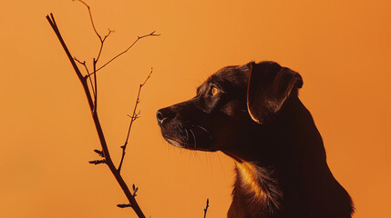 Silhouette of a dog against a vibrant orange background, with a branch in the foreground, showcasing a serene moment.