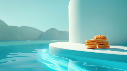 Serene poolside with stack of pancakes on a minimalist white platform, surrounded by clear blue water and mountains in the background.