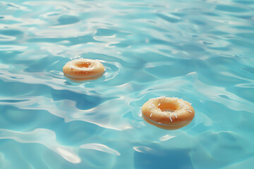 Two floating doughnuts in a clear blue swimming pool, creating a relaxing and fun summer vibe.