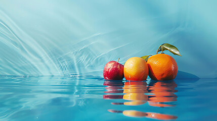 Vibrant apples and oranges floating on calm blue water, creating a serene and colorful still life scene with reflections.