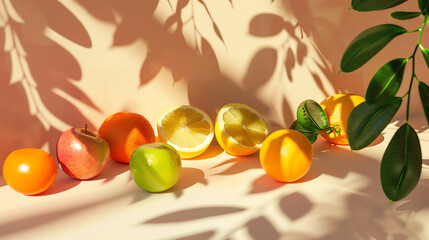 Vibrant citrus fruits and apples with leaves and shadows create a fresh and summery atmosphere on a light, minimalist background.