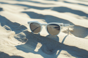White sunglasses placed on sandy beach under sunlight, showcasing a summer beach vibe. Perfect for summer vacations and outdoor relaxation.