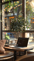 Serene cafe setting with a laptop, coffee cup, and book on a round table near a window, bathed in warm light, perfect for working or relaxing in a cozy atmosphere