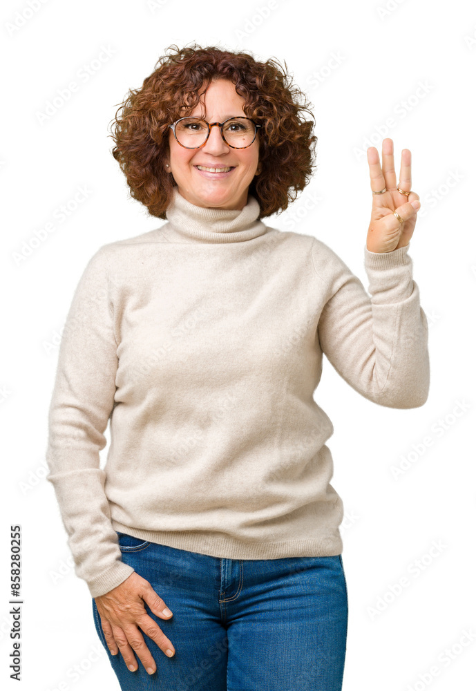 Sticker beautiful middle ager senior woman wearing turtleneck sweater and glasses over isolated background s