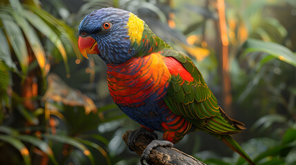 Vibrant Rainbow Lorikeet Perched on Branch in Lush Tropical Rainforest with Sunlight Filtering Through Foliage