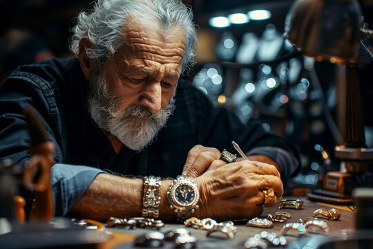 Senior Jeweler Working on Jewelry in Workshop - Powered by Adobe