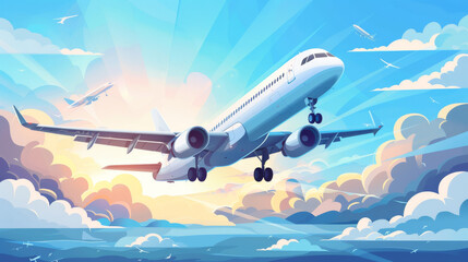 Simple airplane travel opens the background behind itself. Plane journey, romantic travel, tours, cruises, airport advertising, trip abroad on vacation, and plane routes vector illustration banner
