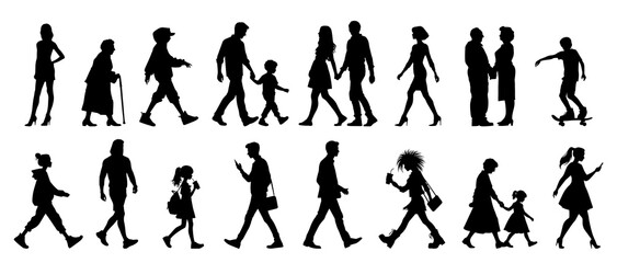 Vector illustration. Large set of black silhouettes of people. People are walking.