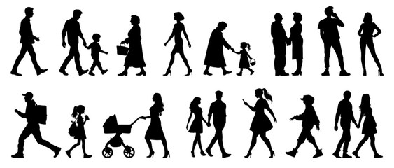 Vector illustration. Large set of black silhouettes of people. People are walking.