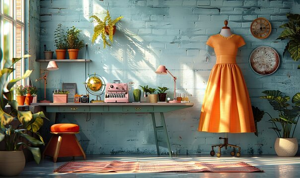 Fashion design studio showcases custom tailoring talent with wide banner featuring "fashion" over dantel fabric for clothing creations. illustration images