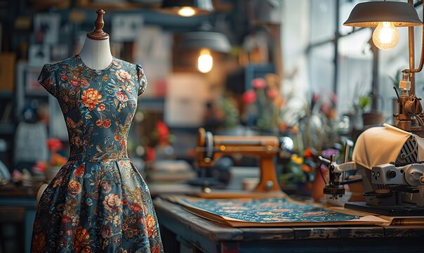 Fashion studio showcase, featuring custom-tailored garments with intricate lace designs, for creative small business ventures. illustration images