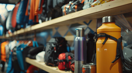Fototapeta premium Water bottle and sports gear on display