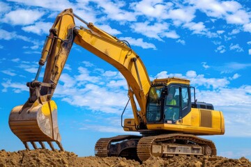 Obraz premium Excavator. Heavy Machine at Construction Site Under Blue Sky