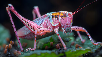 Close-up of a Vibrant Pink Grasshopper on Green Foliage with Detailed Patterns and Textures
