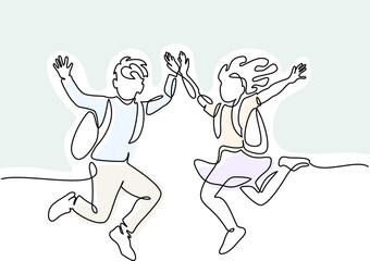 Happy boy and girl pupils with backpacks jumping. Continuous one line