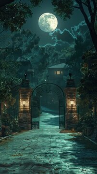Nighttime scene of a gated entrance to a mansion with a full moon