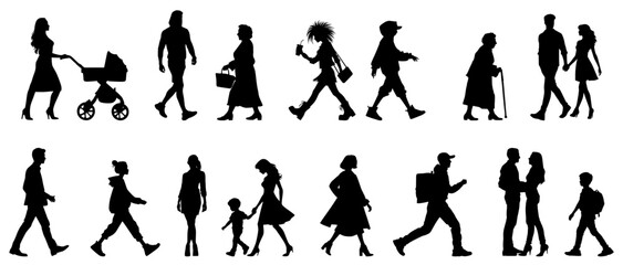 Vector illustration. Large set of black silhouettes of people. People are walking.