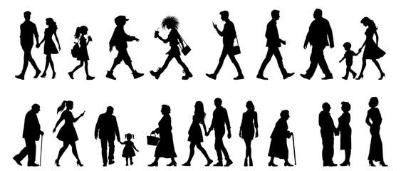 Vector illustration. Large set of black silhouettes of people. People are walking.
