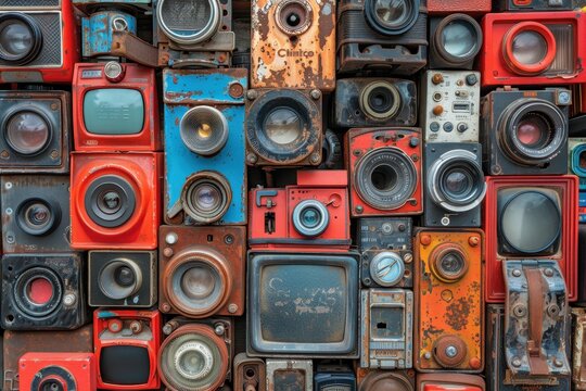 A vibrant collection of vintage cameras and retro electronics arranged in a colorful, eclectic pattern. Perfect for nostalgic or retro themes.