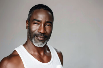 Obraz premium An African American man in a white tank top holding a skincare product and smiling