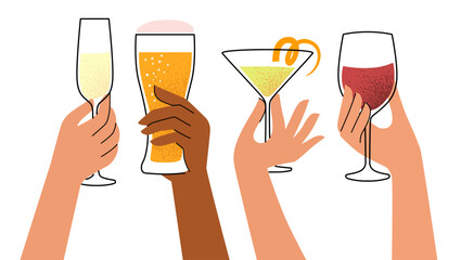 Womens hands holding glasses of alcohol. Flat illustration for greeting cards