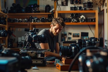 The photographer is in a professional studio, with lighting equipment and photographs, focusing on creative work AIG58