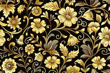 Elegant floral pattern with yellow flowers and leaves on a black background. Perfect for textiles, wallpapers, and design projects.