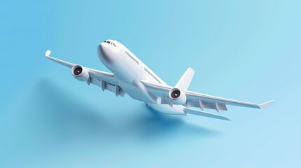 3D airplane icon. Simple cartoon airplane flying in the sky, isolated on blue background. Represents vacation and travel.