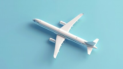 3D airplane icon. Simple cartoon airplane flying in the sky, isolated on blue background. Represents vacation and travel.
