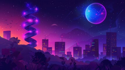 Futuristic cityscape at night with a glowing DNA spiral and blue planet in the sky, surrounded by stars and tall city buildings.