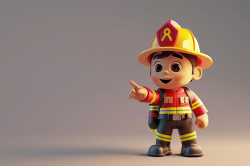 Friendly 3D firefighter character in safety gear pointing with copy space, showcasing the bravery and heroism of emergency responders.
