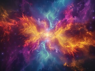 Fototapeta premium Vivid cosmic explosion of colors in outer space with vibrant, dynamic clouds of gas and nebula forming an ethereal, captivating scene.