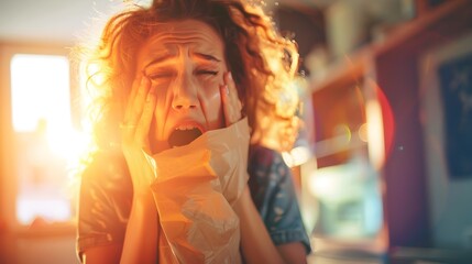 Obraz premium Distressed Person Breathing Into Paper Bag During Panic Attack in Bright Light