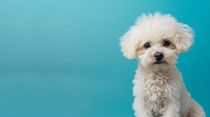 Curly-Haired White Puppy on Blue Background
