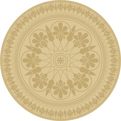 Vector golden classic Greek round ornament. Circle of Ancient Greece and the Roman Empire. Byzantine painting of walls, floors and ceilings. Decoration of European palaces