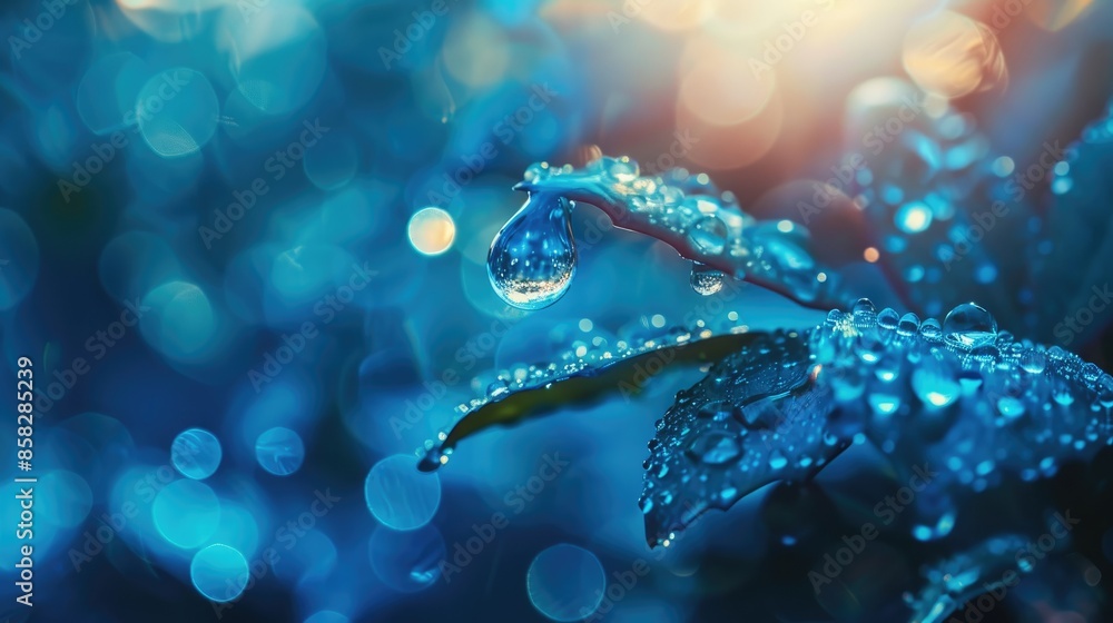 Poster Water droplet illuminated by sunlight in a blue toned photograph