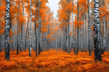 Fototapeta premium Autumn Birch Forest with Orange Foliage and Misty Atmosphere