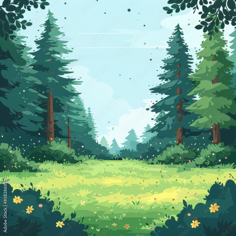 Poster a forest with a grassy field in the foreground and a few trees in the background