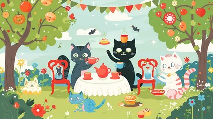 Naklejka premium Charming cartoon cats enjoying a tea party in a colorful garden, surrounded by flowers, trees, and festive decorations.