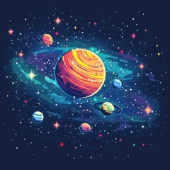 Naklejka premium A colorful painting of the solar system with a large yellow planet in the center