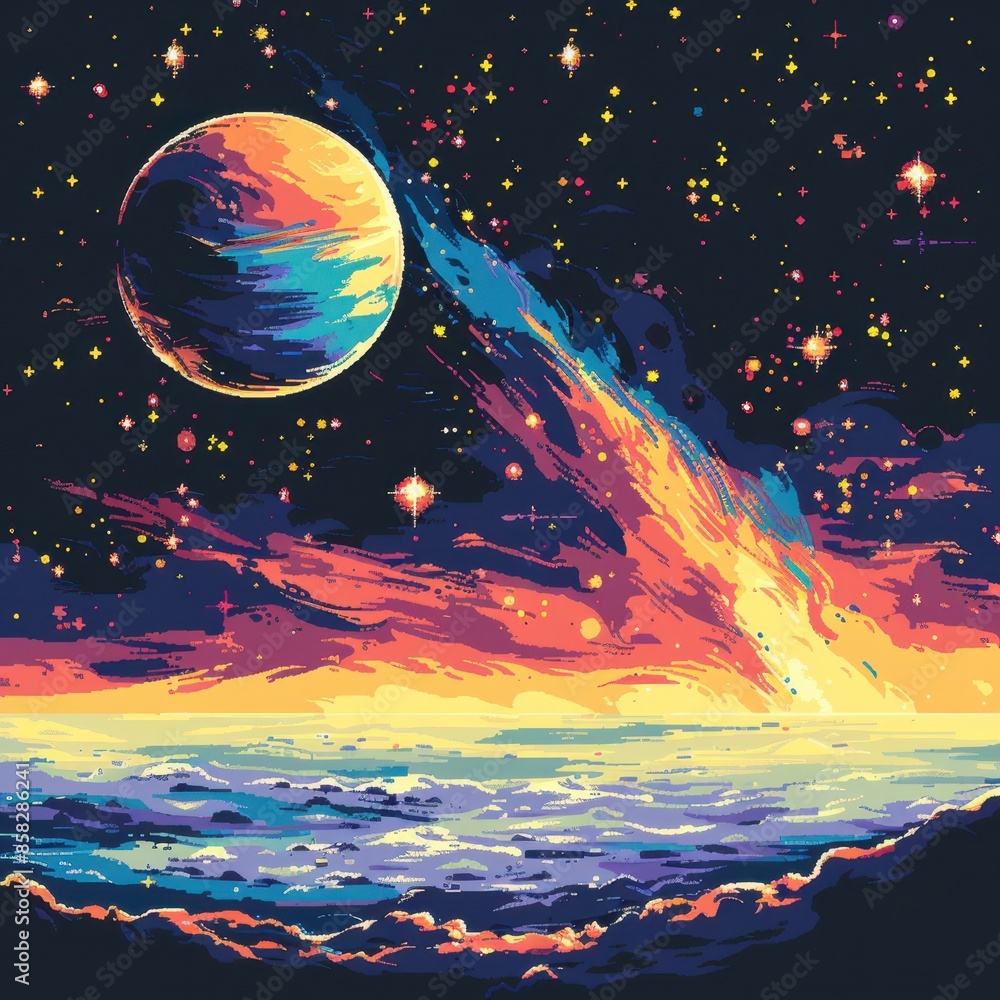 Poster a colorful painting of a planet with a comet falling towards it