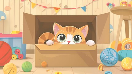 Adorable cartoon cat peeking out from a cardboard box surrounded by colorful toys, creating a playful and charming scene.