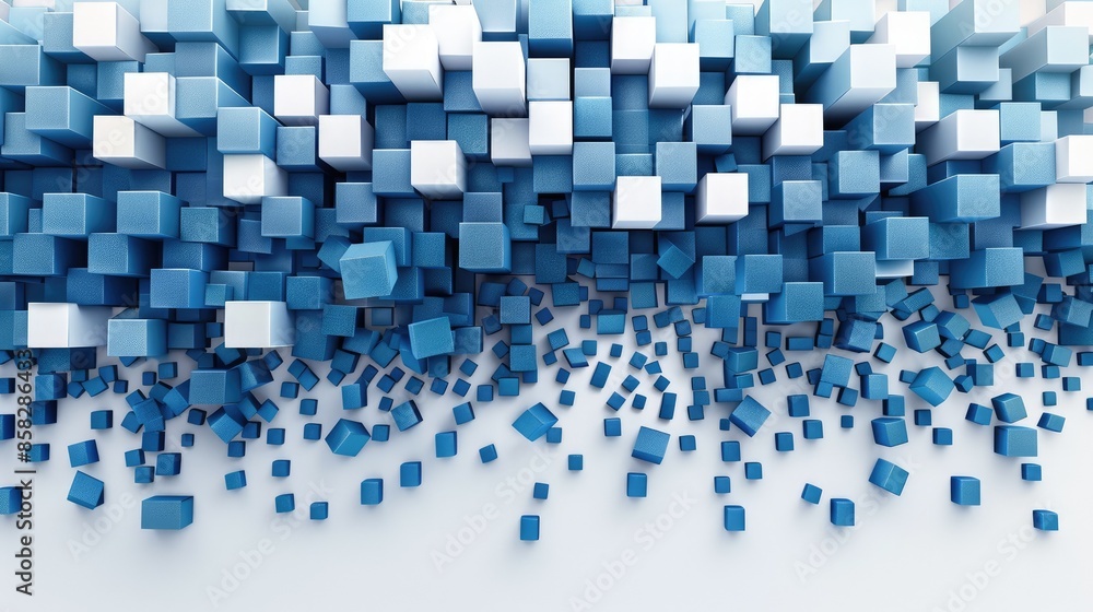 Poster abstract art design of floating blue cubes on a white background. digital image of variant blue box 