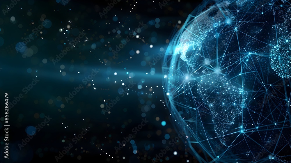 Poster futuristic digital network sphere with glowing particles and abstract geometric design