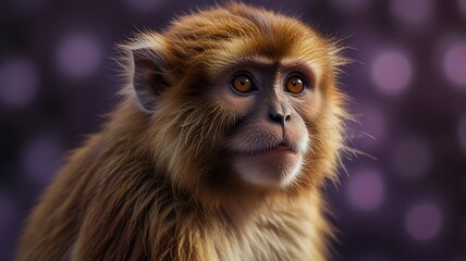 Obraz premium A brown monkey with an amazed expression on a vibrant purple background. 