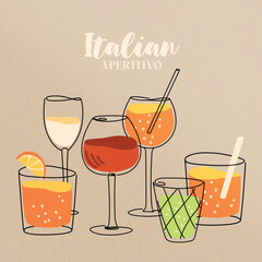 Vector hand painted trandy traditional Italian drinks: wine, prosecco Spritz cocktail illustration Cute flat simple hand drawn icon template for menu posters and social media banners
