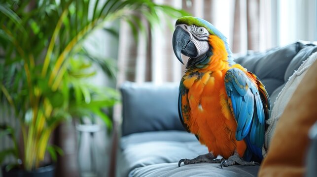 A bright and airy living room with a parrot perched on a stand chirping happily The vibrant colors of the parrot add a cheerful touch to the modern decor Emphasizing the joy of having a bird as a pet