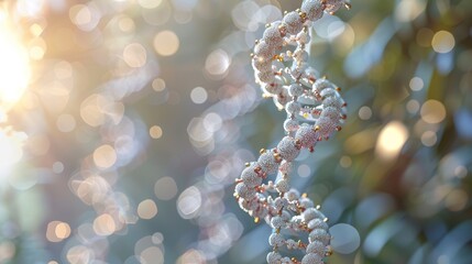 A close-up of a DNA molecule model, highlighting the double helix structure and the arrangement of nucleotides, with a blurred laboratory background.