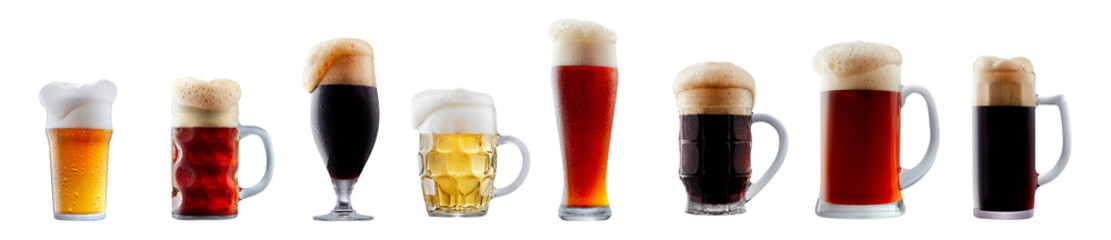 Set of beer cocktails with foam isolated on white background